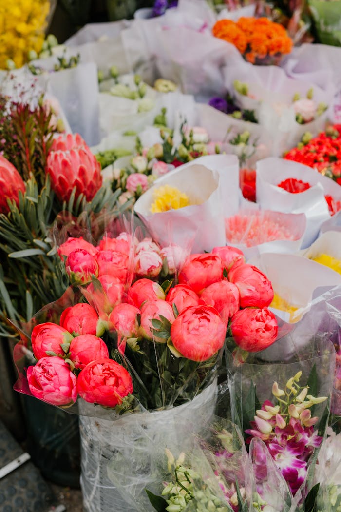 Fresh flower bouquets in a vibrant market setting showcasing peonies and other blooms.